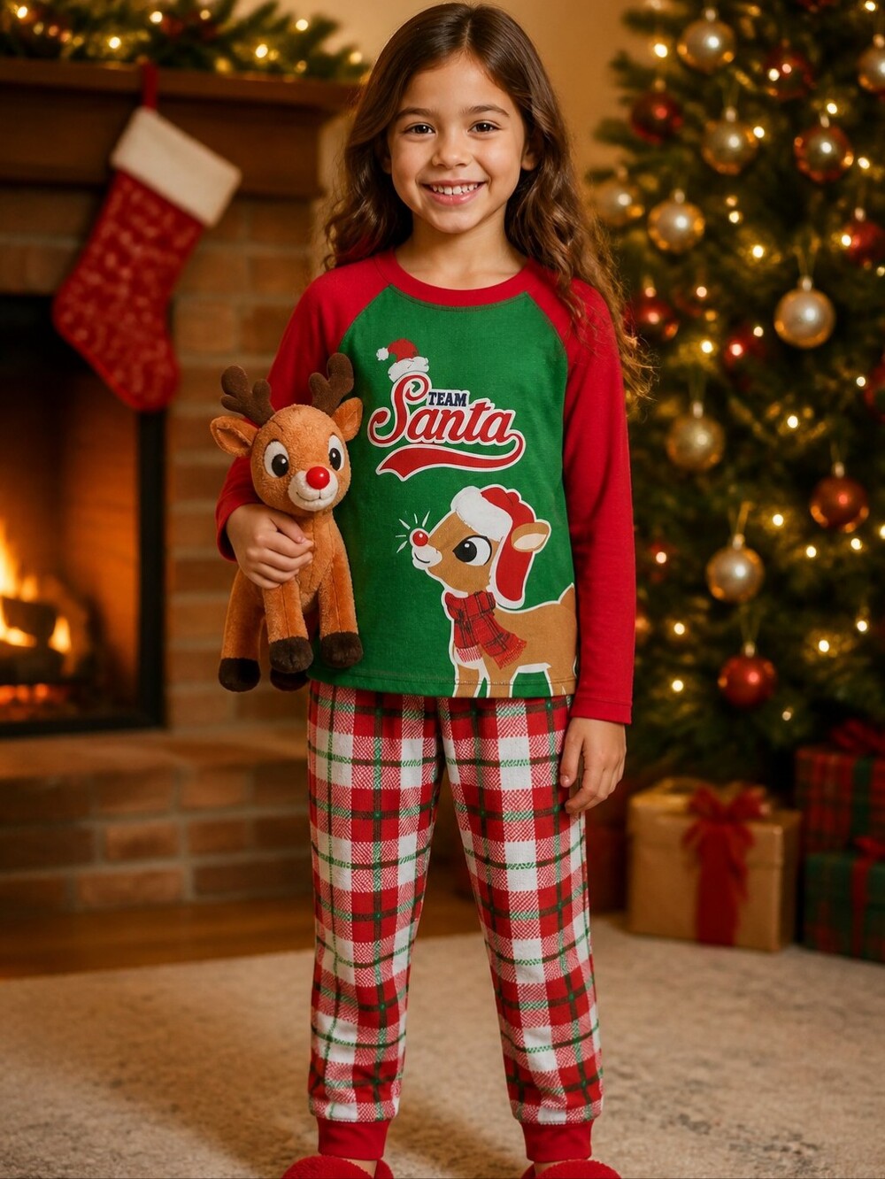 Rudolph Girls Holiday Pajamas 2pc Red Plaid Fleece Sleep Set Festive 6/6X PJs